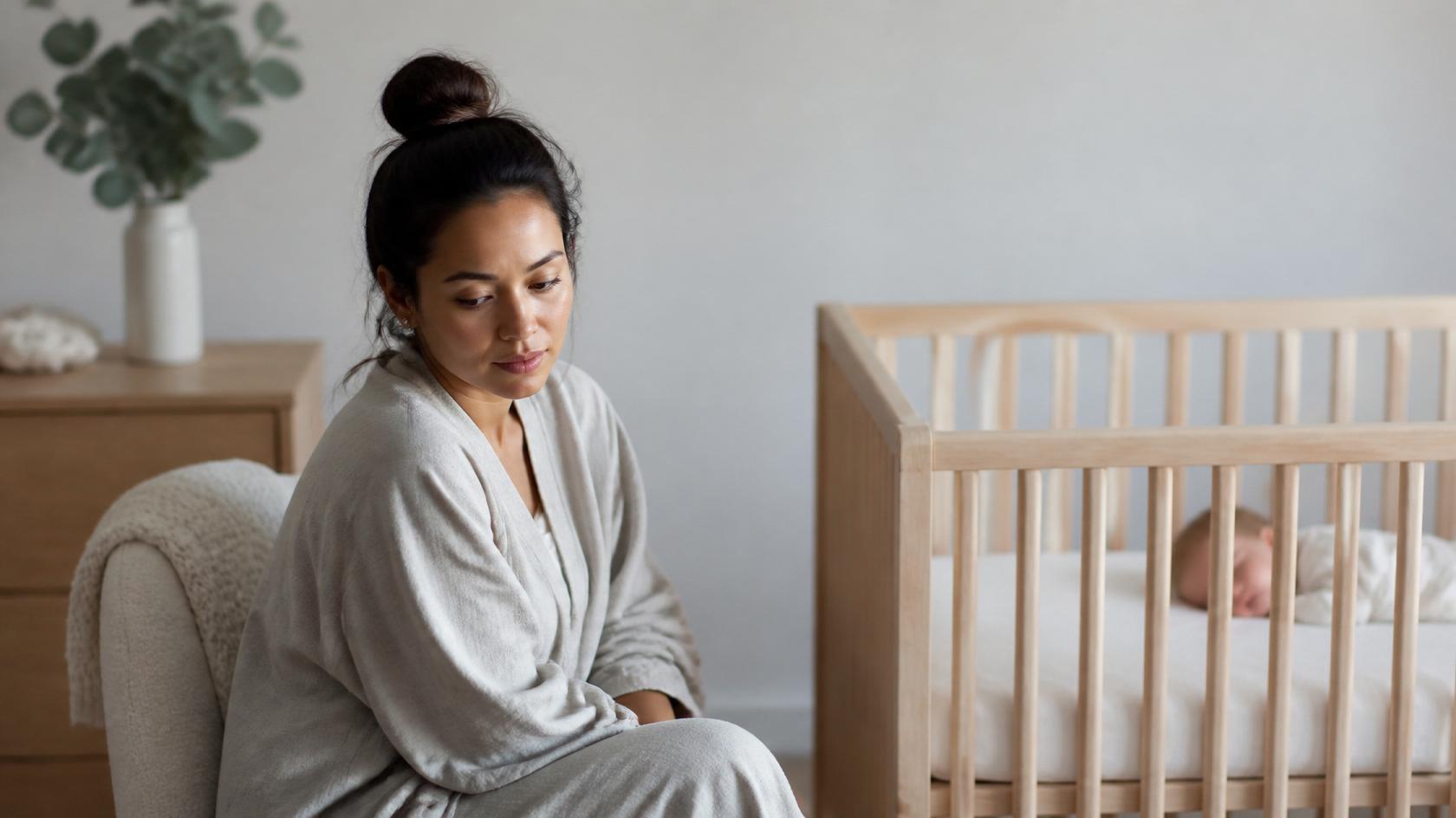 Madre sentada junto a la cuna de su bebé con expresión pensativa en un ambiente tranquilo y seguro.