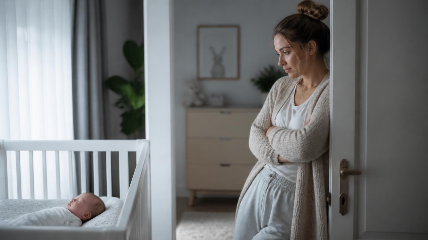 Nueva madre observando a su bebé dormir desde la puerta de la habitación con expresión reflexiva y serena.