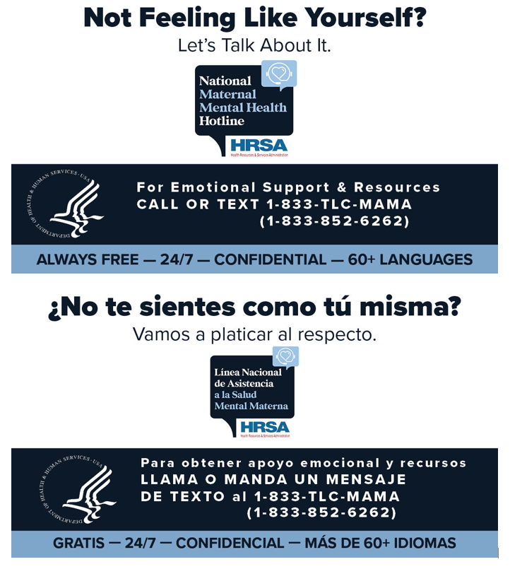 Gráfico informativo de la National Maternal Mental Health Hotline con información para llamar o enviar un mensaje de texto al 1-833-TLC-MAMA (1-833-852-6262), un servicio gratuito, confidencial, disponible las 24 horas y con atención en más de 60 idiomas para apoyo durante el embarazo y el posparto.