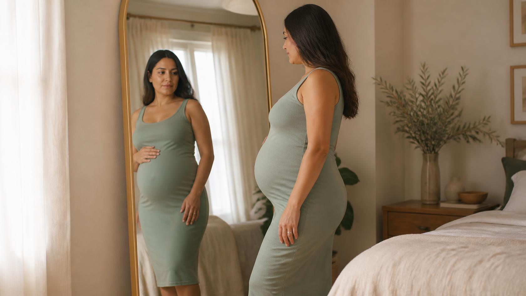 Mujer embarazada observa su cuerpo frente a un espejo mientras sostiene suavemente su vientre, reflexionando sobre los cambios corporales durante el embarazo.